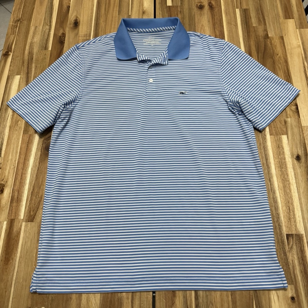 Vineyard Vines Performance Polo Shirt Mens L Blue Striped Stretch Preppy Golf